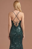 Dark Green Floral Sheath Spaghetti Straps Sparkly Sequined Long Prom Dress with Slit