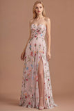 Ivory Floral A Line Sweetheart Pleated Long Prom Dress with Slit