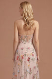 Ivory Floral A Line Sweetheart Pleated Long Prom Dress with Slit