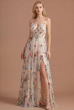 Spaghetti Straps Ivory Floral A Line Sweetheart Pleated Long Prom Dress with Slit