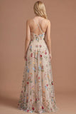 Spaghetti Straps Ivory Floral A Line Sweetheart Pleated Long Prom Dress with Slit