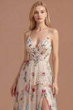 Spaghetti Straps Ivory Floral A Line Sweetheart Pleated Long Prom Dress with Slit