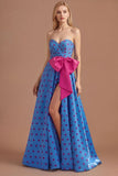 Blue A Line Sweetheart Ruched Backless Satin Long Prom Dress with Slit