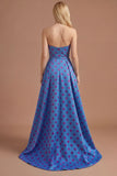 Blue A Line Sweetheart Ruched Backless Satin Long Prom Dress with Slit