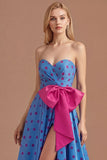 Blue A Line Sweetheart Ruched Backless Satin Long Prom Dress with Slit