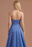 Blue A Line Sweetheart Ruched Backless Satin Long Prom Dress with Slit