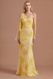 Ruched Yellow Floral One Shoulder Sheath Appliqued Long Prom Dress with Cape