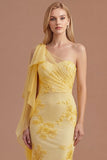 Ruched Yellow Floral One Shoulder Sheath Appliqued Long Prom Dress with Cape