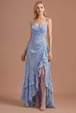 Dusty Blue Floral Spaghetti Straps Appliqued Ruched Ruffled Long Prom Dress with Slit