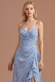 Dusty Blue Floral Spaghetti Straps Appliqued Ruched Ruffled Long Prom Dress with Slit