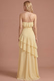 Yellow Ruffled Strapless Tiered A Line Long Prom Dress