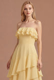 Yellow Ruffled Strapless Tiered A Line Long Prom Dress