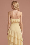 Yellow Ruffled Strapless Tiered A Line Long Prom Dress