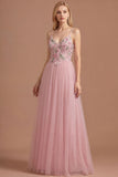 Pink A Line Floral Spaghetti Straps Appliqued Long Prom Dress