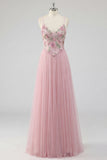 Pink A Line Floral Spaghetti Straps Appliqued Long Prom Dress