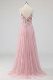 Pink A Line Floral Spaghetti Straps Appliqued Long Prom Dress