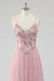 Pink A Line Floral Spaghetti Straps Appliqued Long Prom Dress