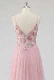 Pink A Line Floral Spaghetti Straps Appliqued Long Prom Dress