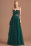 Dark Green Floral Thick Straps Sparkly Sequined Long Prom Dress