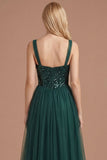 Dark Green Floral Thick Straps Sparkly Sequined Long Prom Dress