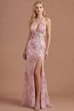 Pink Floral Halter Neck Mermaid Appliqued Long Prom Dress with Slit