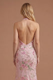 Pink Floral Halter Neck Mermaid Appliqued Long Prom Dress with Slit
