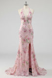 Pink Floral Halter Neck Mermaid Appliqued Long Prom Dress with Slit