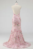 Pink Floral Halter Neck Mermaid Appliqued Long Prom Dress with Slit