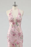 Pink Floral Halter Neck Mermaid Appliqued Long Prom Dress with Slit