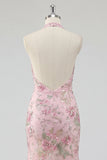 Pink Floral Halter Neck Mermaid Appliqued Long Prom Dress with Slit