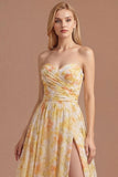Yellow A Line Floral Sweetheart Backless Long Prom Dress with Slit