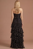 Black Ruffled Corset Tiered A Line Sweetheart Long Prom Dress