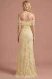 Yellow Sheath Floral Appliqued Off the Shoulder Long Prom Dress
