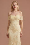 Yellow Sheath Floral Appliqued Off the Shoulder Long Prom Dress