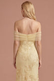 Yellow Sheath Floral Appliqued Off the Shoulder Long Prom Dress