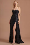 Sparkly Black A Line Ruched Sweetheart Long Prom Dress with Slit