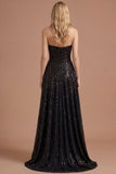 Sparkly Black A Line Ruched Sweetheart Long Prom Dress with Slit