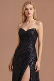 Sparkly Black A Line Ruched Sweetheart Long Prom Dress with Slit