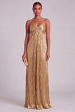Gold Spaghetti Straps Pleated A Line Long Prom Dress