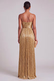 Gold Spaghetti Straps Pleated A Line Long Prom Dress
