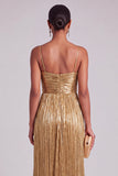 Gold Spaghetti Straps Pleated A Line Long Prom Dress