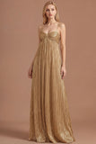 Gold Spaghetti Straps Pleated A Line Long Prom Dress
