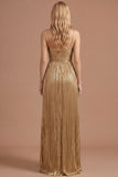 Gold Spaghetti Straps Pleated A Line Long Prom Dress