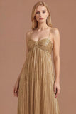 Gold Spaghetti Straps Pleated A Line Long Prom Dress