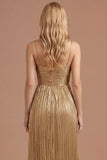 Gold Spaghetti Straps Pleated A Line Long Prom Dress