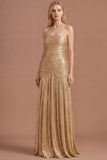 Gold Strapless Sheath Pleated Long Prom Dress