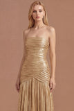 Gold Strapless Sheath Pleated Long Prom Dress