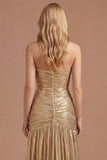 Gold Strapless Sheath Pleated Long Prom Dress
