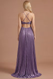 Purple Halter Neck Pleated Backless Long Prom Dress