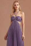 Purple Halter Neck Pleated Backless Long Prom Dress